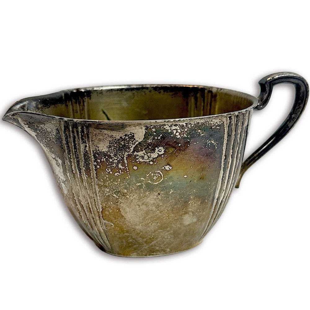 VTG Antique Wm Rogers 2460 Silver Plate Creamer Pitcher Art Deco Ribbed Patina